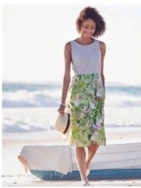 J Jill Linen Striped Bodice Tropical Print Cotton Skirt Midi Resort Summer Dress